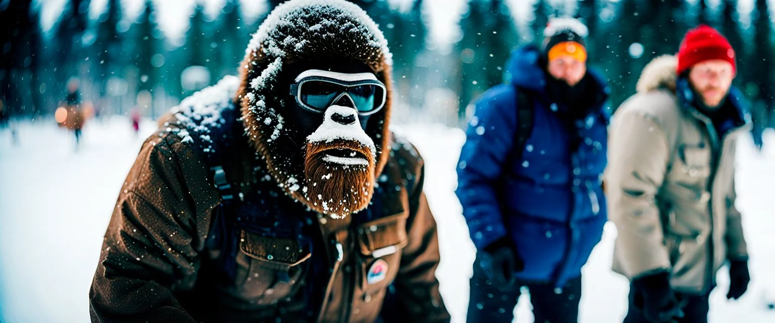 close up documentary photography, November 2010, Yeti, Bigfoot, Dystopian, Japanese, Extreme depth of field, bokeh blur, winter, blizzard, Alberta, all-natural, in the style of candid, imperfection, natural lighting, Professional shot, shot on Agfa, Fuji Film, Anamorphic lens --ar 4:5 --w 150 --style raw