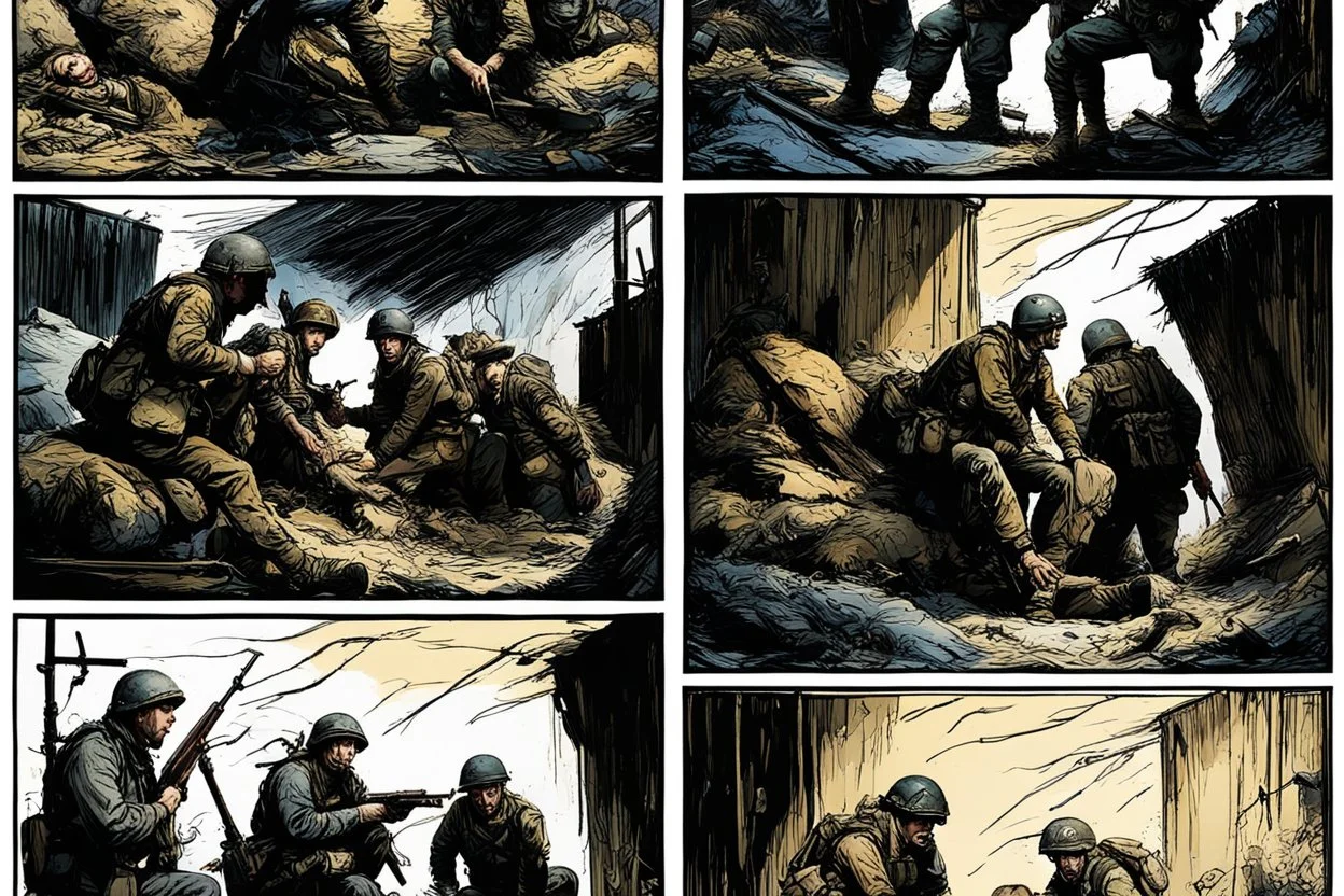 Masterpiece1:5)(Fineart), (award-winning:1.5), highest quality, war journalism editorial ,(by Tim Page, Hoorst Faas:1.5)),(Eastern Ukraine:(panel one:the moment after a battle ends, horrors of war, wounded men),(2nd panel, cinematic shot of men sitting in trench with 1000 yard stare (focus on their eyes:1.5)),(the third panel shows troops tired but hyper alert), (the fourth panel shows the sky is filled with incessant, fire and smoke everywhere,)