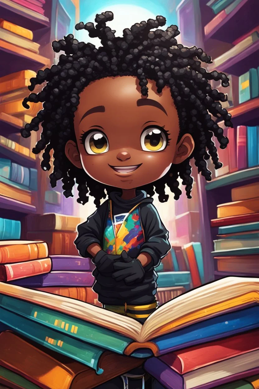 A sassy futurism ABSTRACT colorful art cartoon black chibi BOY LOOKING DOWN, surrounded by colorful BOOKS. Looking up coyly, she grins widely, showing her Teeth. Highly detailed black shiny dread locs , regal expression.