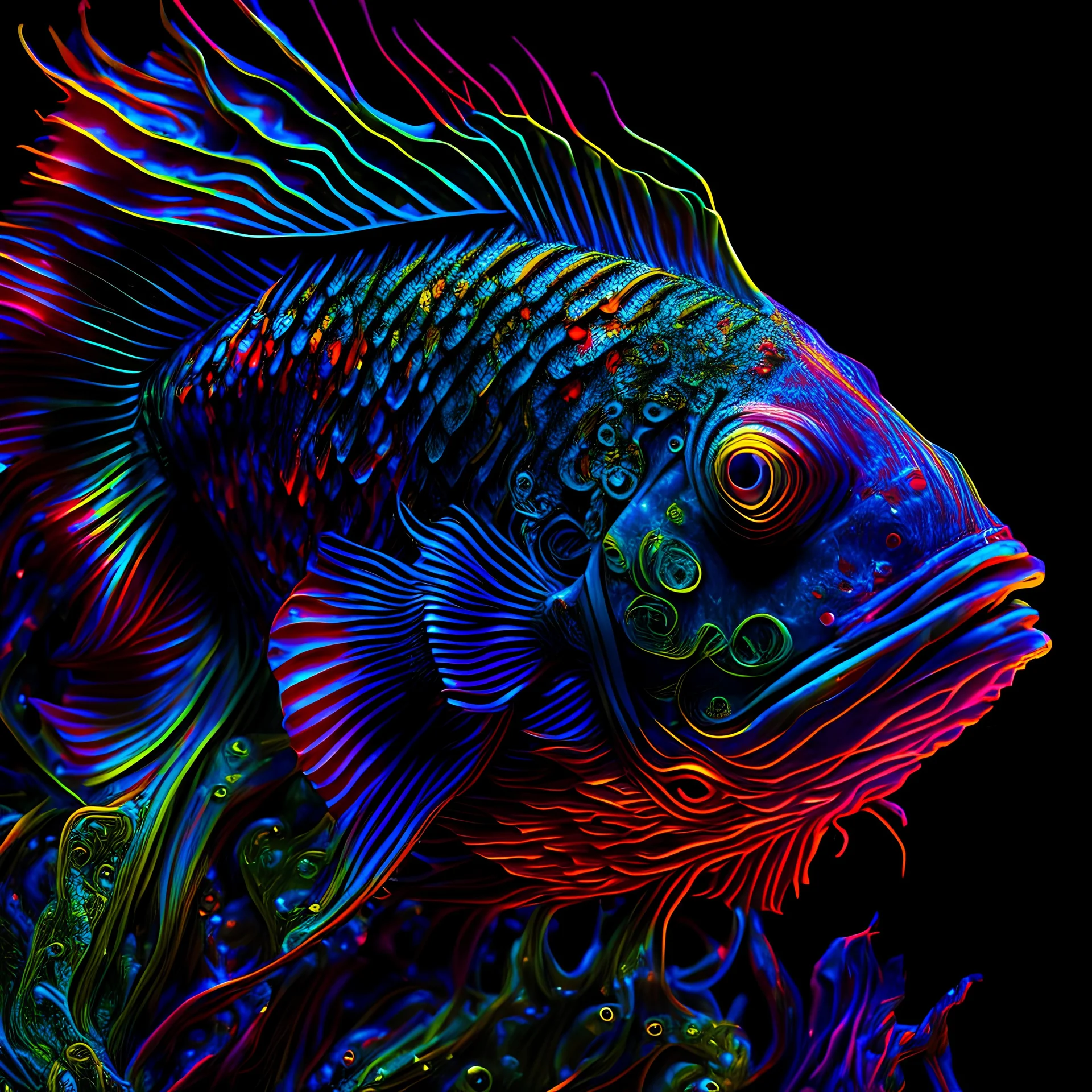 A Humanoid fish, Hyperdetailed, hyper realistic, dark fantasy intricate, bright background, complex lighting, scales, red, blue, yellow, purple, green,