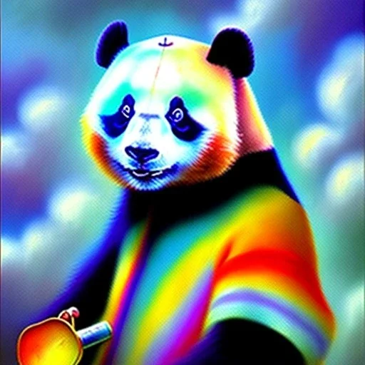 Dibujo al oleo de un oso panda con nubes de colores estilo Vincent van Gogh