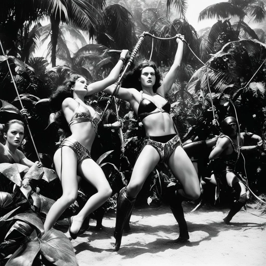 [photo by helmut newton] Swinging in on vines with deadly precision, the Amazons swiftly overpowered the bikini-clad warriors, knocking them down with swift kicks and powerful blows. The Space Girls, caught off guard and outmatched, struggled to defend themselves as the Amazons relentlessly pressed their advantage.Lost in the sweltering heat of the jungle, the Space Girls found themselves at the mercy of the primitive natives who seemed to have the upper hand in the brutal confrontation. Fumblin