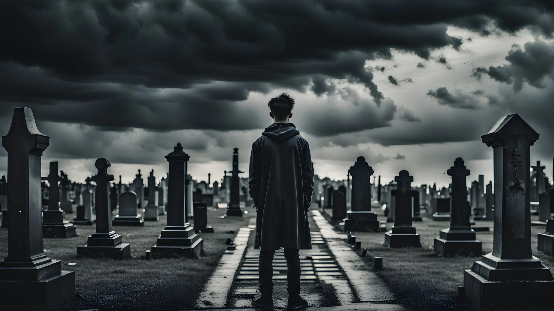 A depressed young guy stands in the middle of a cemetery, gloomy atmosphere, black clouds, black tones