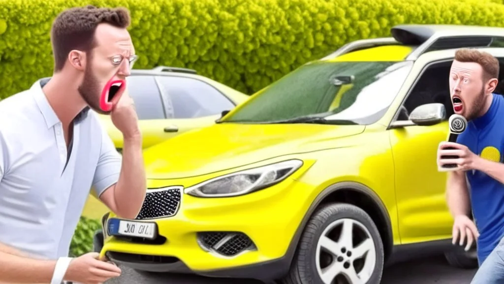 guy arguing on phone next to his kia sportage made out of lemons