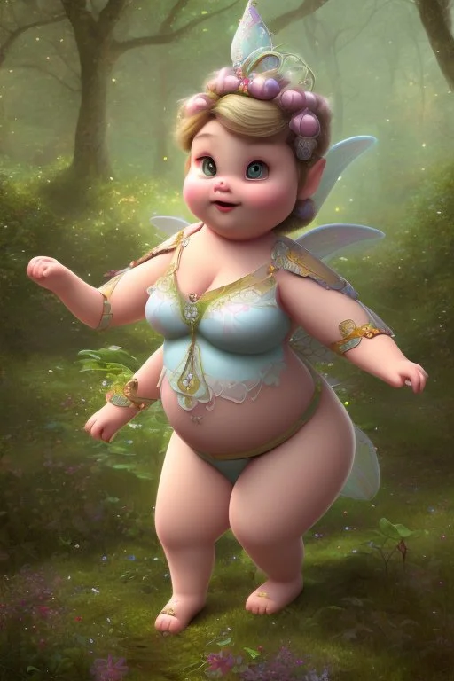 Fat and chubby but cute fairy in Forrest background. Style should be like the movie " up"