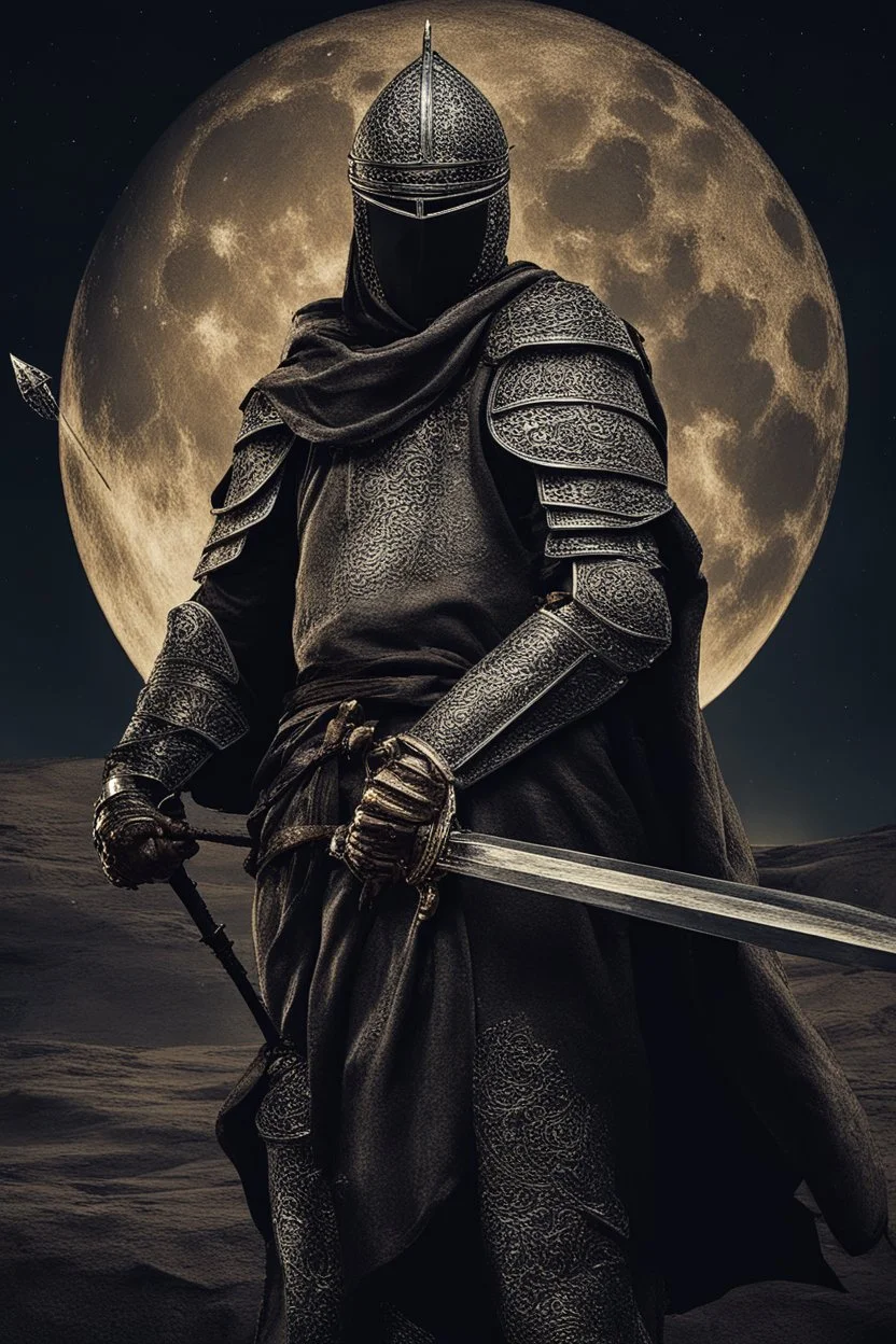 A picture of a strong Islamic knight holding a sword in his hand, at night, with his back to the camera