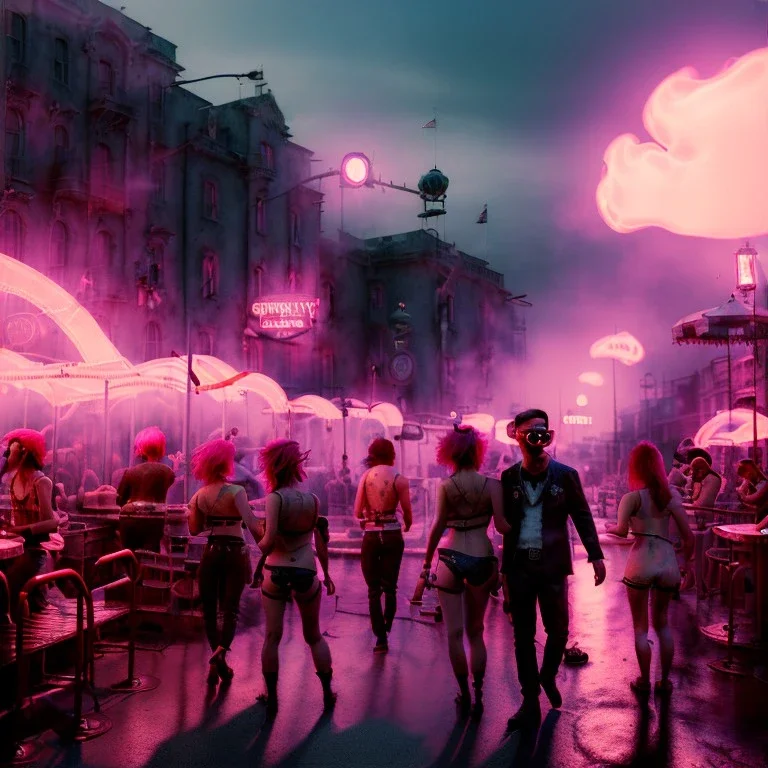 Ultra Realistic photo, medium shot view, drunken women, carnival scene, sexy steampunk. Pink hair, Sunglasses, smoking, happy, hot, red fog. highly detailed, concept art, unreal engine 5, ray tracing, RTX, lumen lighting, ultra detail, volumetric lighting, 3d, finely drawn, high definition, high resolution.