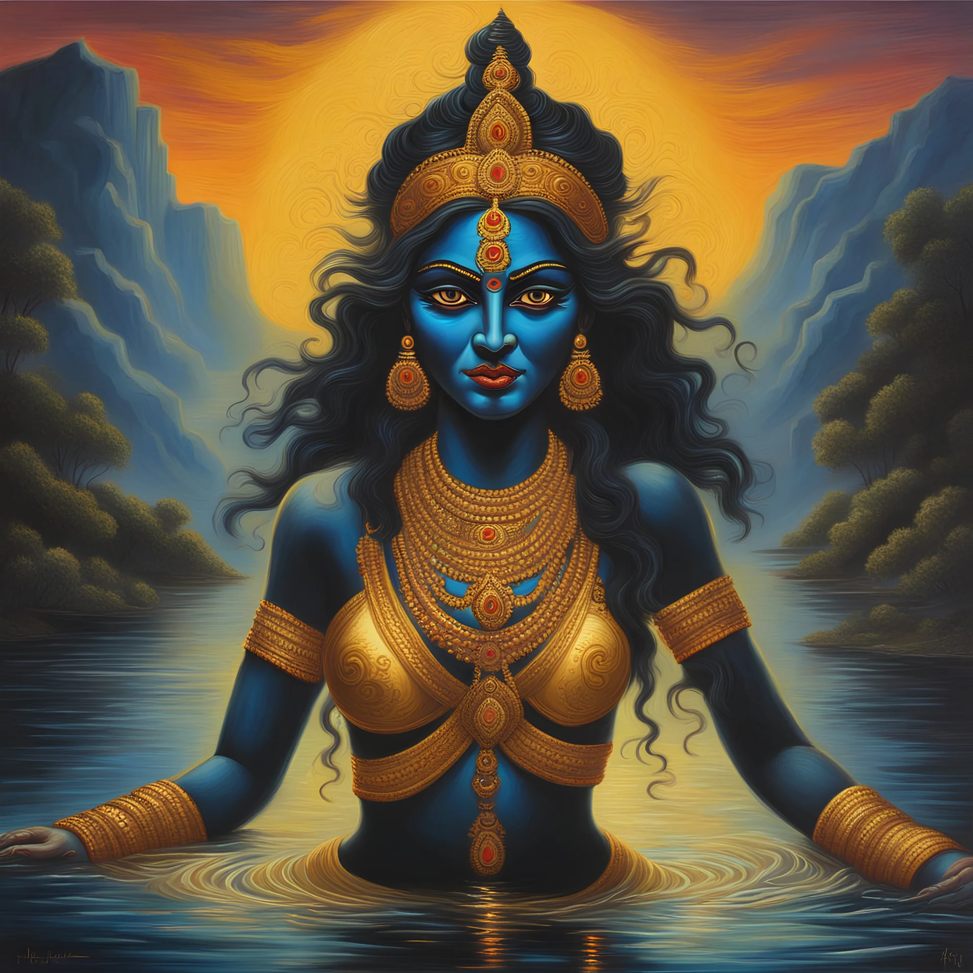 An oil painting of goddess Kali crossing a lake, neon gold colors, high detail eyes,