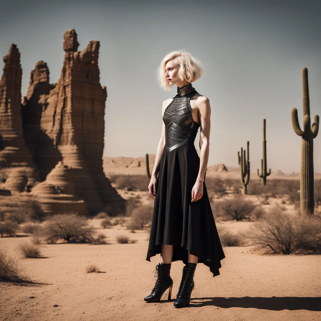 beautiful caucasian half cyborg woman, black metal body and limbs, chrome details, anorexic figure, short blond wavy bob haircut, dystopian, desert scene