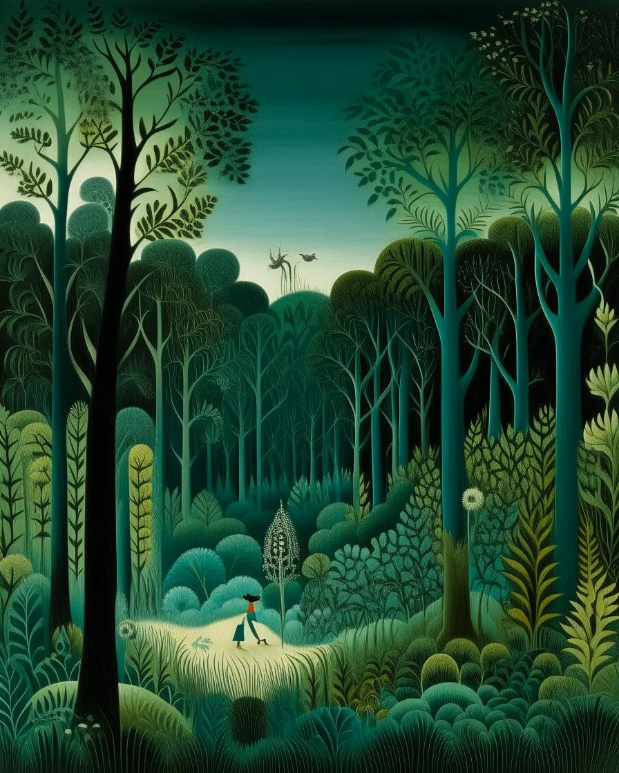 A blackish teal forest with a fairy kingdom painted by Henri Rousseau