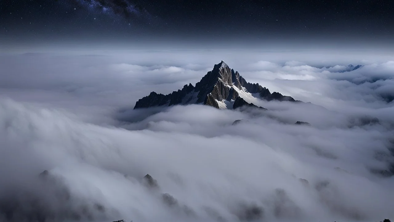 looking down from space at only one single sharp misty mountain cliff coming through the mist and surrounded by the mist at night starry sky. There is crucially only one mountain, do not paint more other peaks in the background.