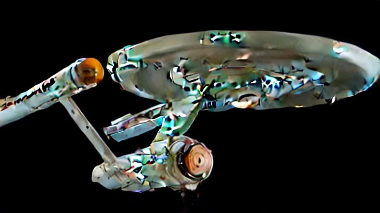 a screen capture from a star trek movie of a battle-damaged starship enterprise IN the year 2380 IS IN A BATTLE with monster ufos sci-fi meticulous, highly-polished, photorealistic, studio production, intricately detailed, GALACTIC, directed by gene Roddenberry,