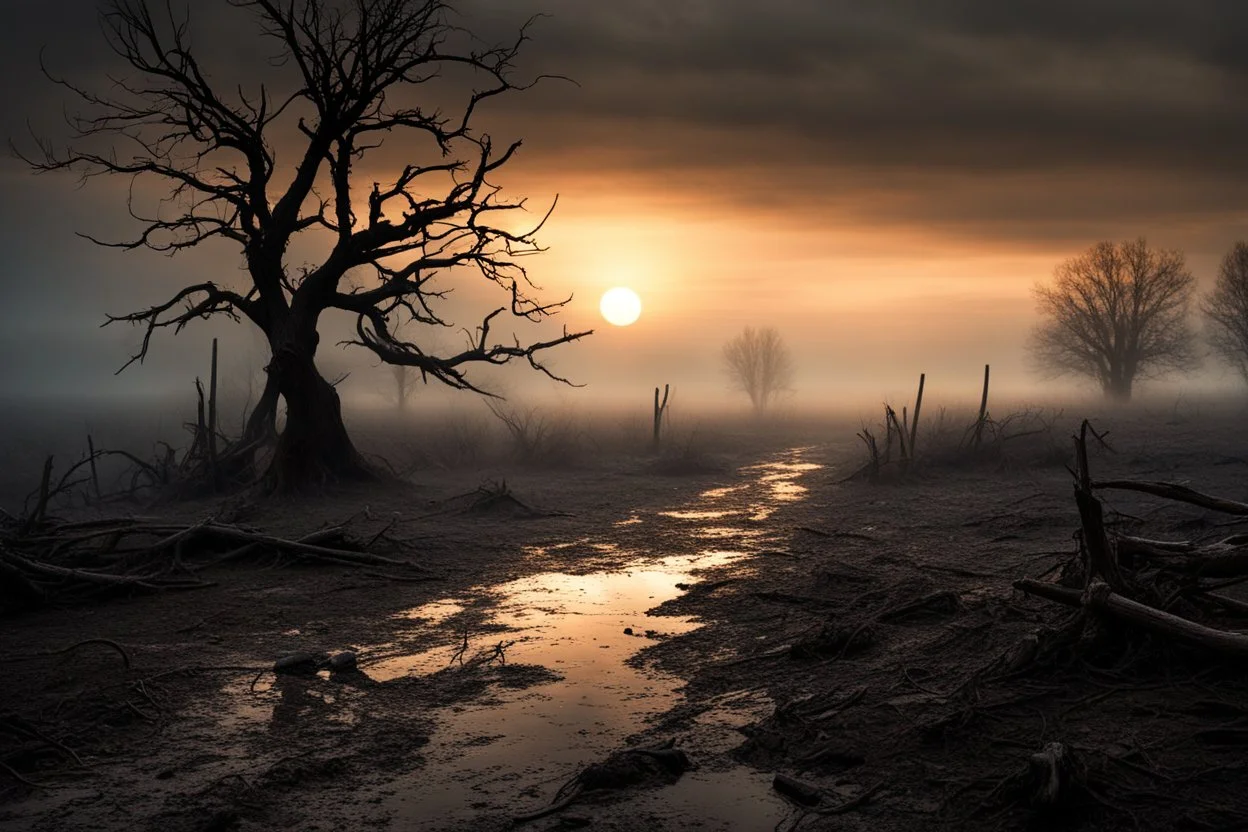 a dirt road next to a tree on a foggy day, moody sunset background, dry tree branches scattered in mud, dark swamp, doom and gloom, grey clouds, snow dawn, snowy landscape, dramatic matte painting, melancholic mood