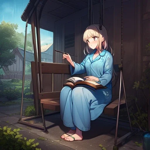 anime girl writing with a pencil in a book sitting on a porch swing of a very old house in the rain, wearing pajamas,