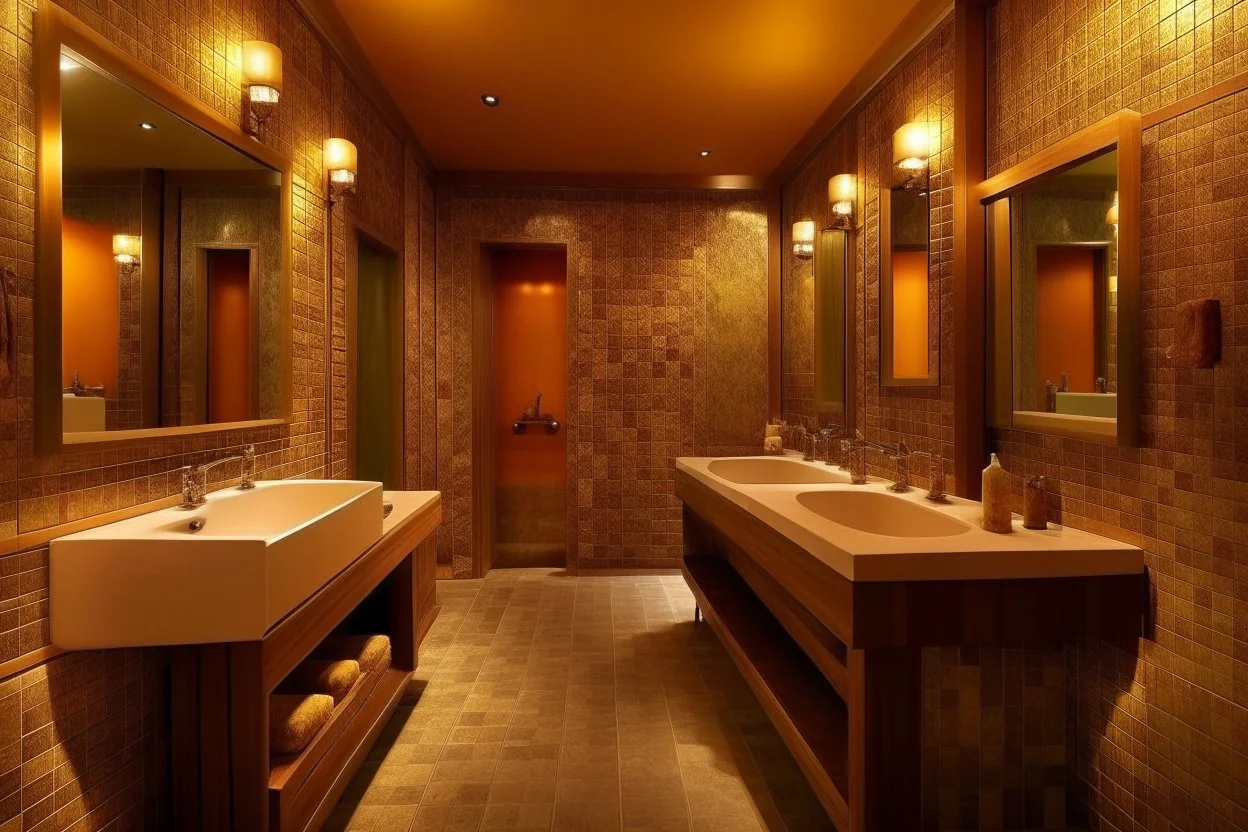 Pictures of a group of bathrooms in Mathaf Restaurant. The walls and floors are colored in brown tones