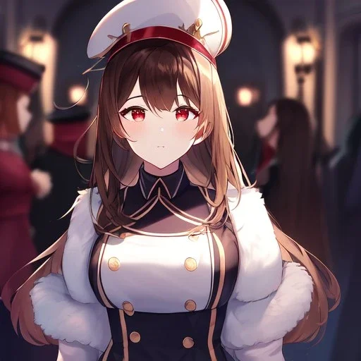 Clear Focus, High resolution, glowing red eyes, wearing a train conductor uniform, long dark brown hair, front hair is straight but the rest is fluffy, wearing a train conductor hat