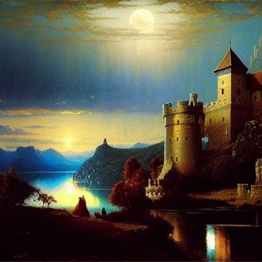 Drawing of 'Medieval Romanian Castle',mountain,lake,full moon, by gaston bussiere, greg rutkowski, yoji shinkawa, yoshitaka amano, tsutomu nihei, donato giancola, tim hildebrandt, oil on canvas, cinematic composition, extreme detail,fit full head inside picture,16k