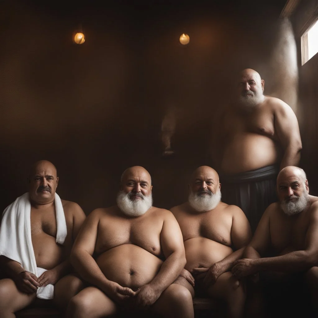 close up photography of a group of turkish and marocan strong chubby, 55 years old ugly men embraced, manly chest, covered with a small towel , shaved beard, shaved hair, photorealistic, manly legs, manly arms, sitting in a steamy sauna, clouds of steam, side light