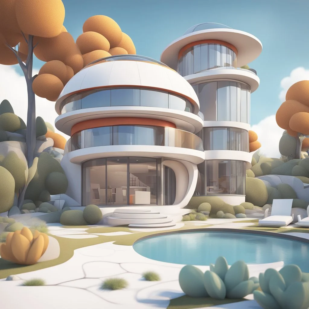 3D modern futuristic house in cartoon Pixar style on white background, png, high resolution, highly detailed texture.