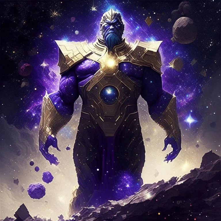 A god-like thanos with infinite power who owns the galaxies,A powerful commander in a dress made of galaxies and stars with a huge army