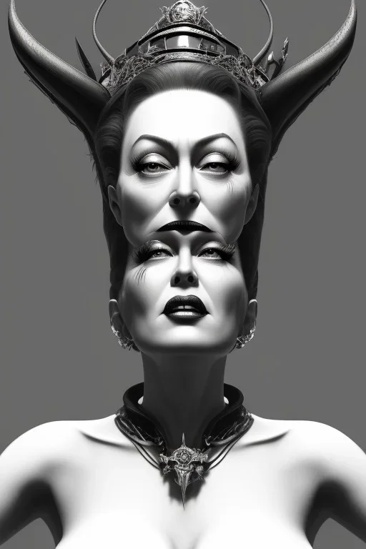 Joan Crawford as evil queen in black leather, busty, cleavage, dominatrix, curvy, angry, stern look. character design by cory loftis, fenghua zhong, ryohei hase, ismail inceoglu and ruan jia. unreal engine 5, artistic lighting, highly detailed, photorealistic, fantasy