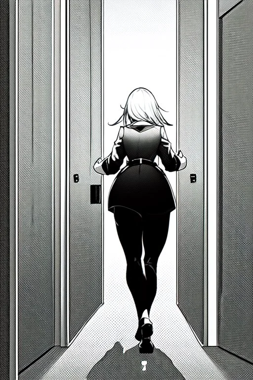 military girl runs fast in a corridor, greyscale