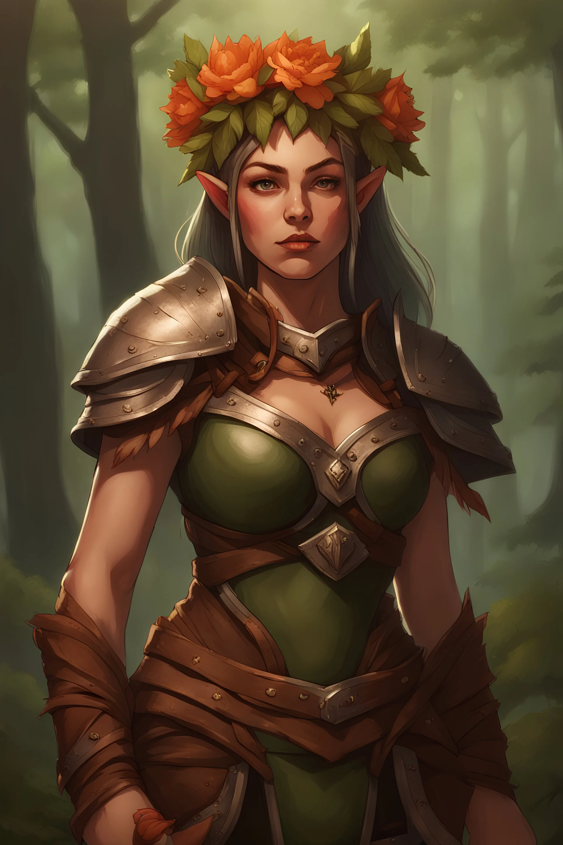 curvy dnd elven woman with big chest and hips in leather armor and a flowercrown on her head, standing in the forest