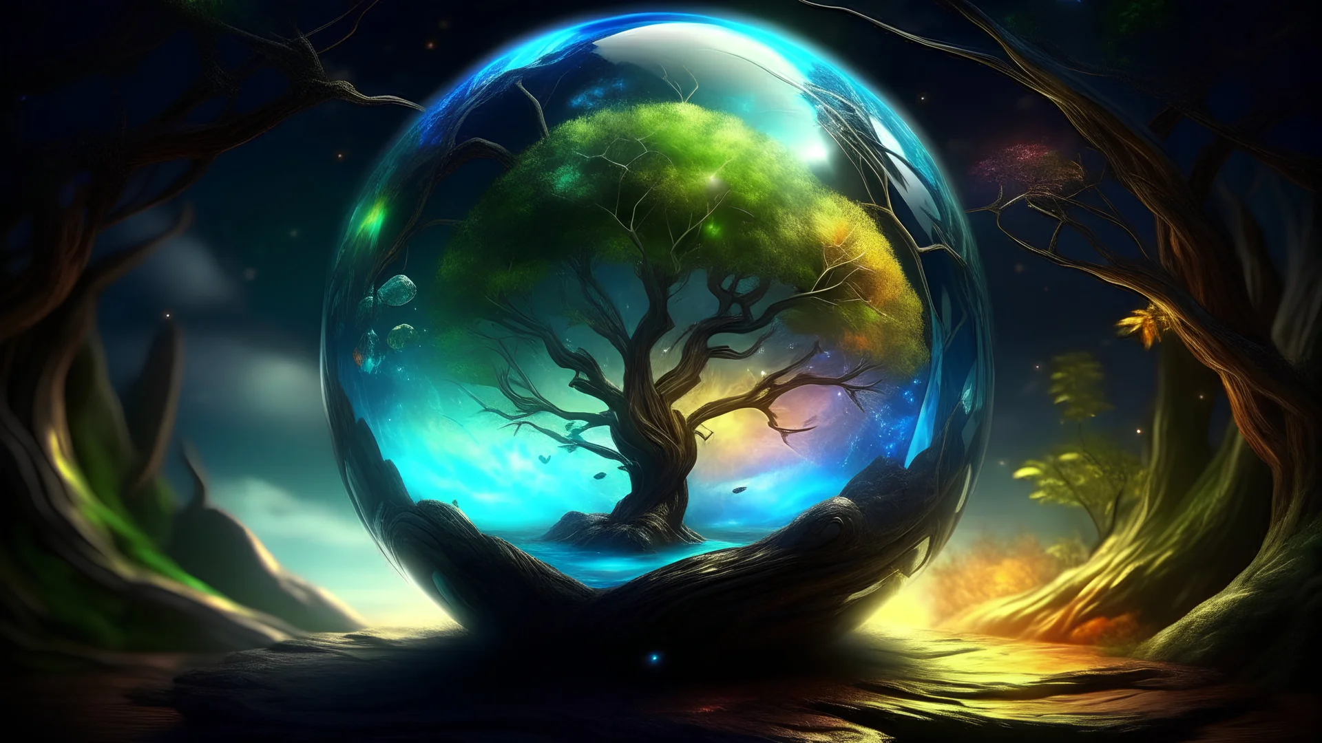 "Glass Crystal Orb enclosing a Cybercore Tree, black blue green nuummite white coral underwater, lake reflecting an aurora intricate detail, colorful, wonderful, glowing cute orbs flying around, World of Warcraft scenery, magnificent quality""