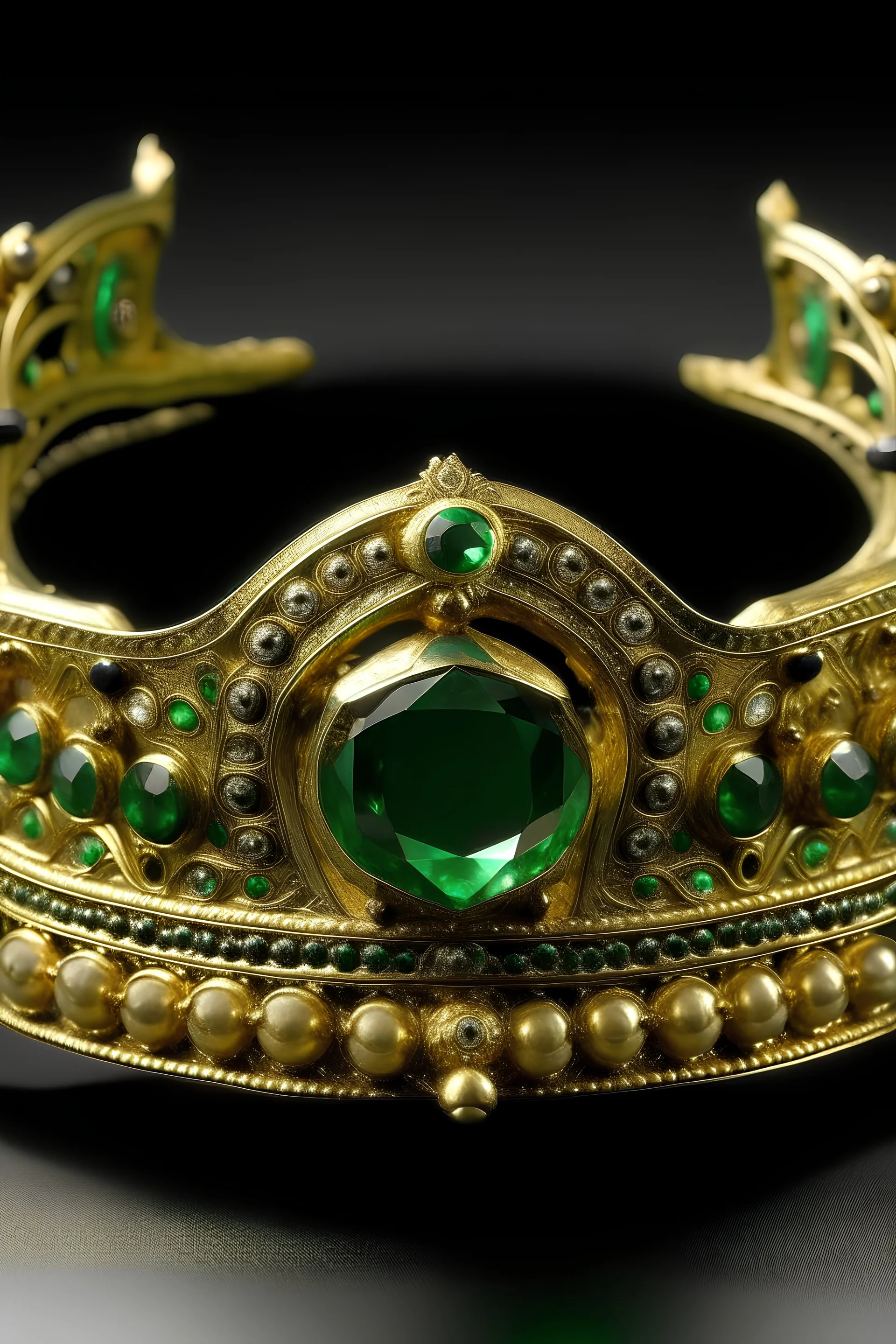 diademe pour homme qui est un mix entre des alliages d'or et de silver. Il y a deux emeraude de chaque cote de la tête. Style medieval avec seulement les 2 emeraudes.