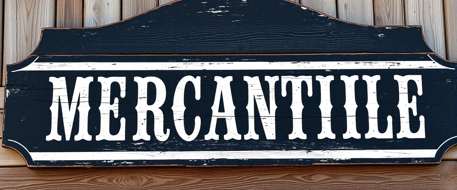 fill composition with large and wide hand painted old western sign that reads: "MERCANTILE" white on black with inset white stripe aged paint on wood sanserif