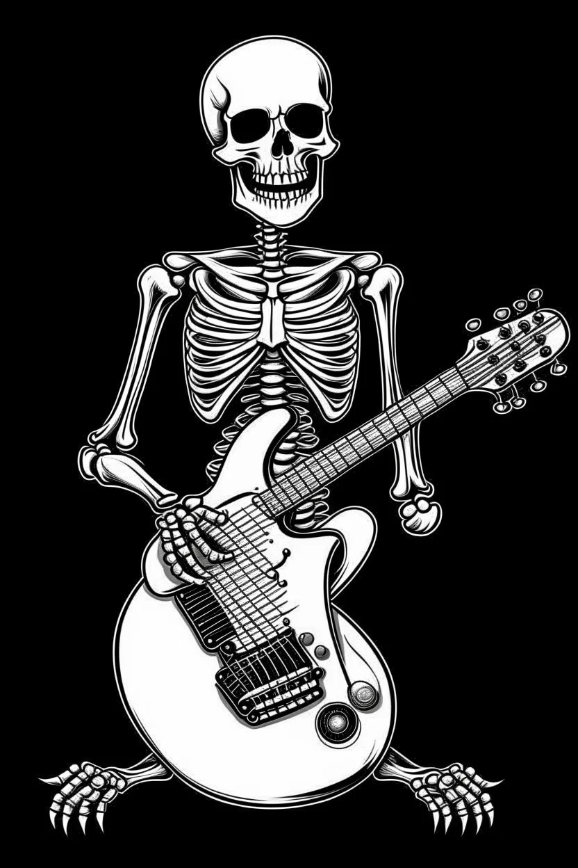 Black and White Graphic Art of a SKELETON HUGGING A GUITAR