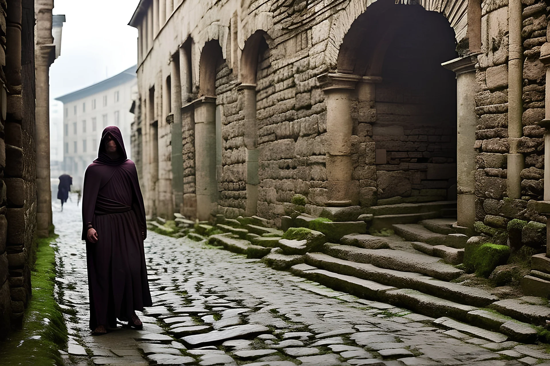 Visualisez un spion romain, se fondant dans l'ombre des rues de la Rome antique. Il porte une toge et une capuche, son visage à peine nähtav sous le capuchon. Les rues pavées, éclairées par des torches, et les bâtiments en pierre ajoutent à l'atmosphère mystérieuse. Fogadja el a hiper-realisztikus fotóstílust, a legrészletesebb és a 16k-os haute définition felbontást. Készítsen kompozíciót, használja a Nikon D850 DSLR fotókat