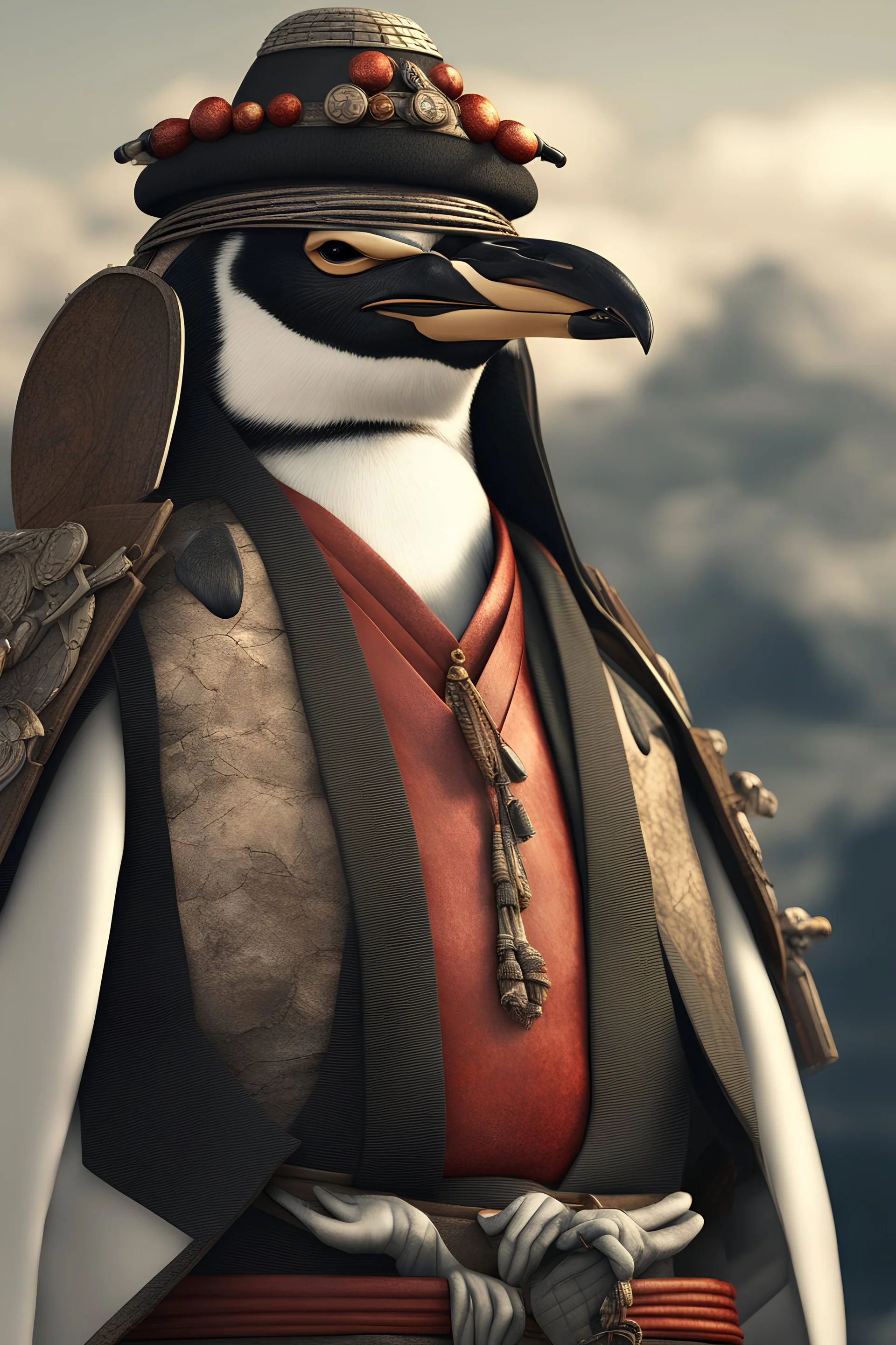 A penguin in samurai dress, portrait, wearing sunglasses ,Photorealistic, next level resolution, 4k, ultra quality, hyper realistic, detailed+