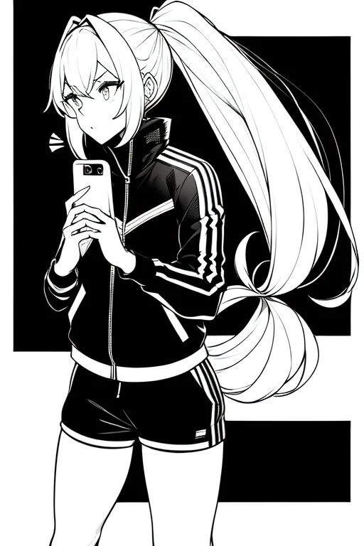 blonde girl with ponytails dressed in a jacket and shorts use cell phone's flashlight to get some light in the dark, greyscale