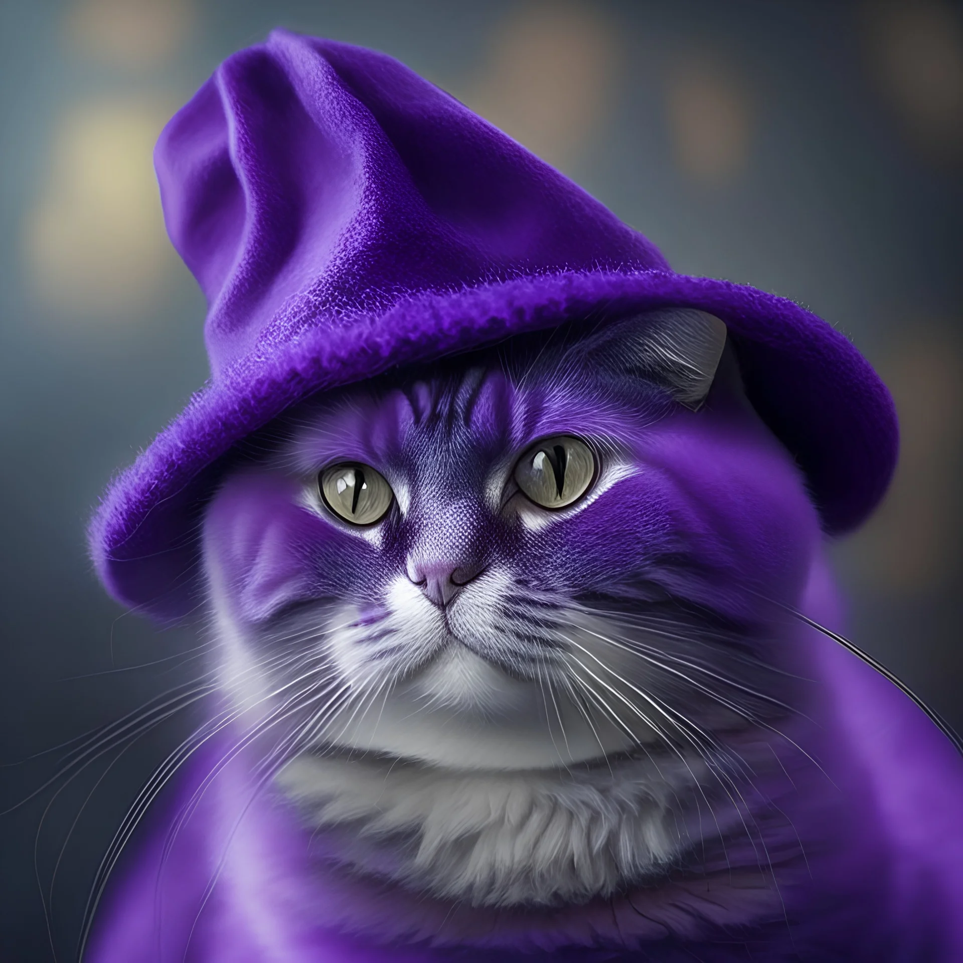 a cat wearing a purple hat