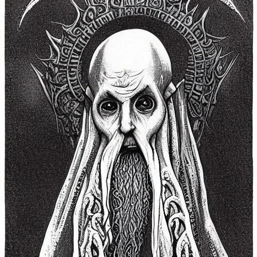 Picture of Cthulhu with white skin and a beard made of tentacles as a Russian Orthodox nosferatu vampire with yellow eyes and vampire fangs