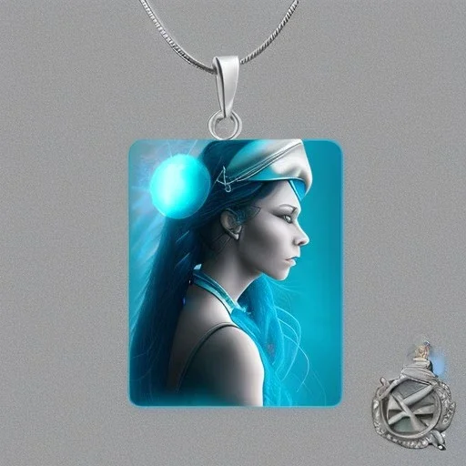 Witch of Air, Asian, silver eyes, aqua hair in a long ponytail, wearing an aqua witch hat, wearing an aqua crystal necklace