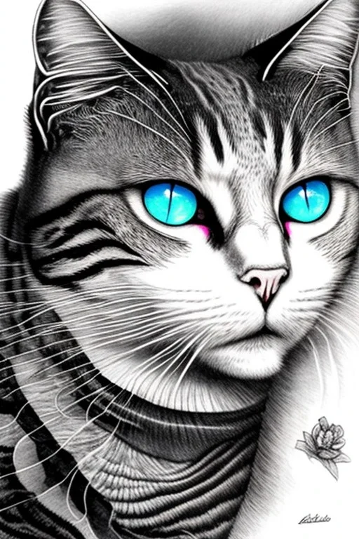 Cute friendly mature cat, playing with cute cats, perfect eyes, perfect iris, ink and pencil, style Elisabeth Kreitz