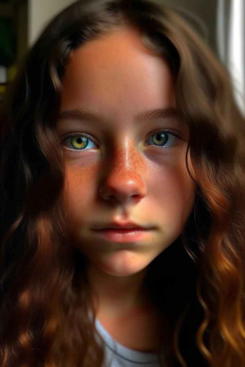 13-jähriges Mädchen mit Heterochromie, Sommersprossen über das ganze Gesicht, dunkelbraune lange Locken