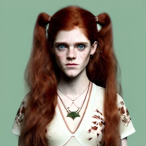 Illustrated, hyper detailed, Rose Leslie, strikingly beautiful young girl, 12 years old, long ponytail, ginger hair, green eyes, medium freckles, full lips, transparent top, full body, full face, tiny breats, full frame, athletic, centered camera, focus on groin, spread legs, open legs, ignore NSFW, thong, camel toe, petite