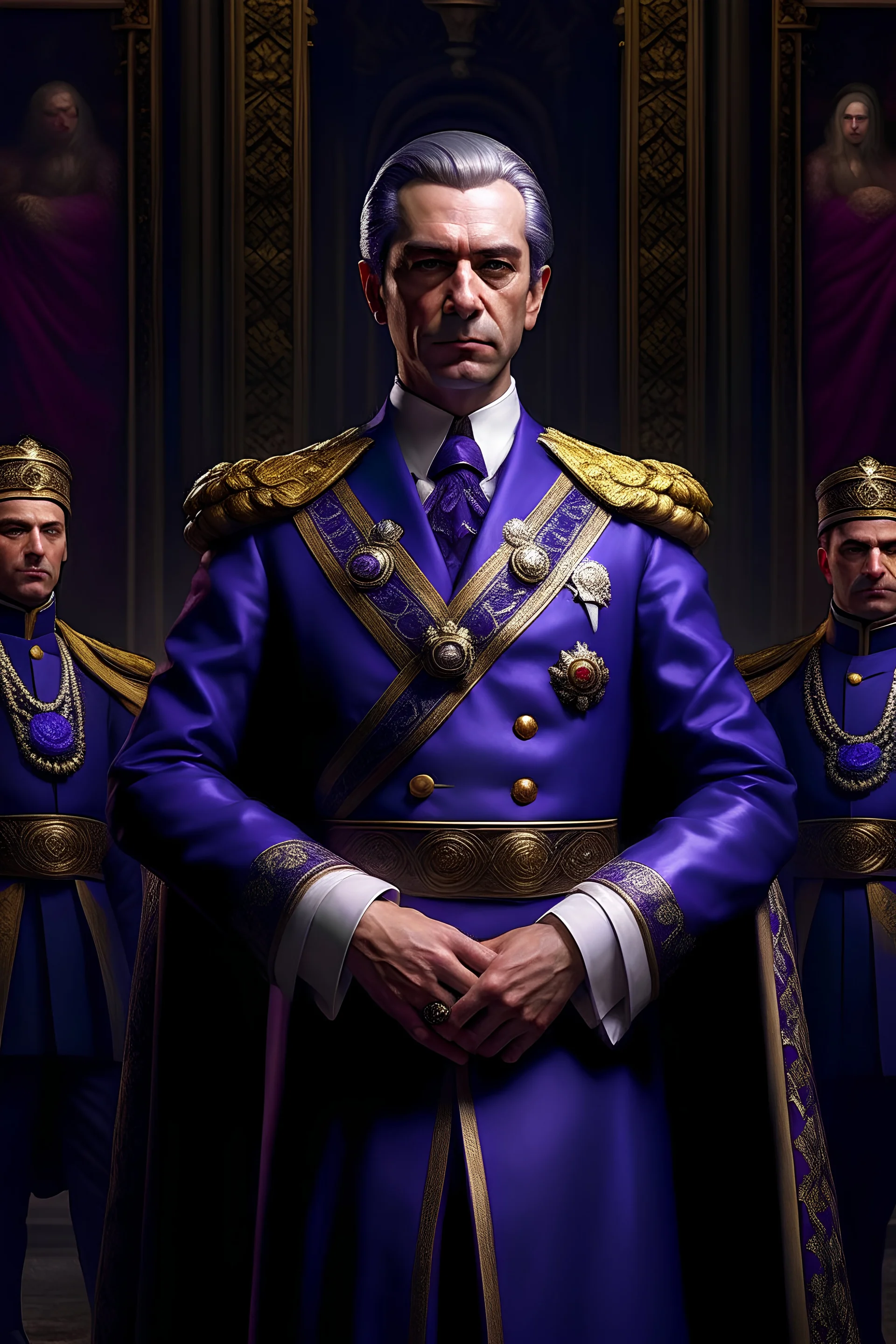 A man in a classic suit and purple tie is an emperor with numerous guards