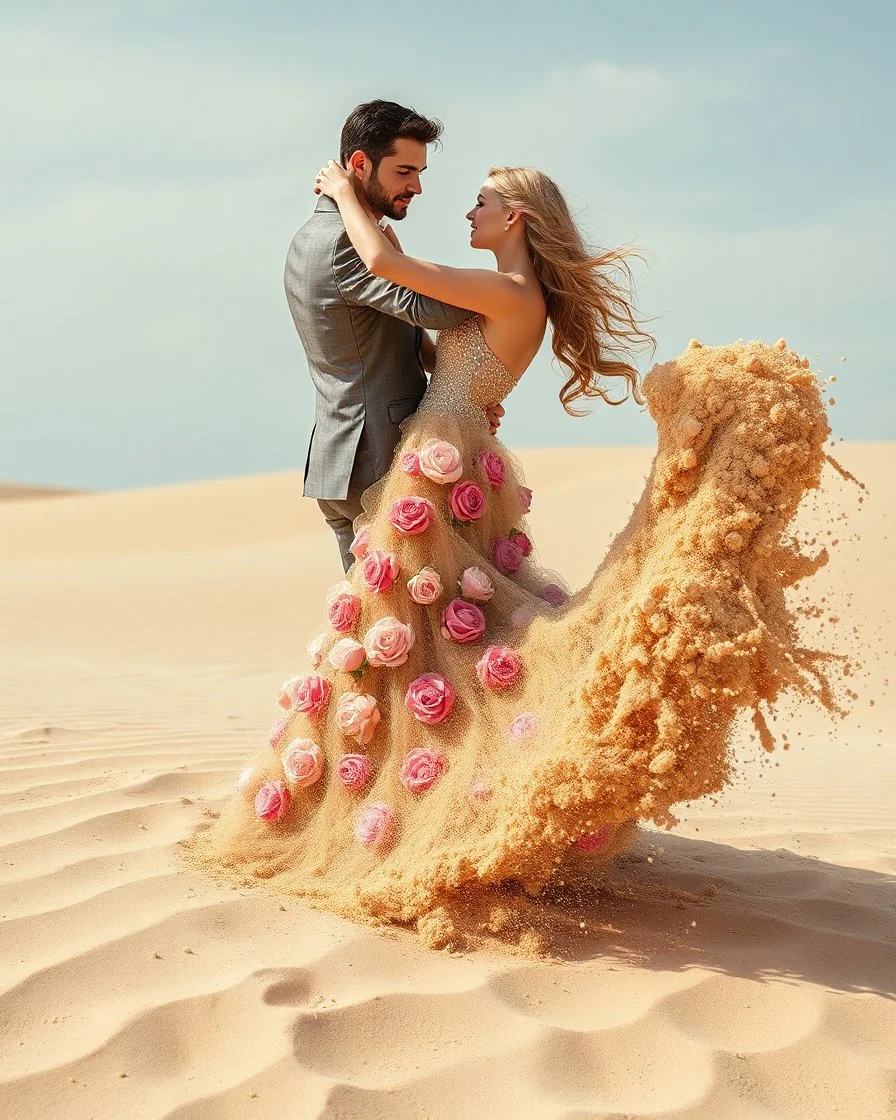 Gorgeous Photography princess dancer, dancing with a prince handsome man on the dune expression, high fashion, long dress made of sand, a swirling whirlwind of sand made of flowers of roses and peonies, fashion, heels, tornado splash made of sand and roses,beautiful, beige, ocher, pink