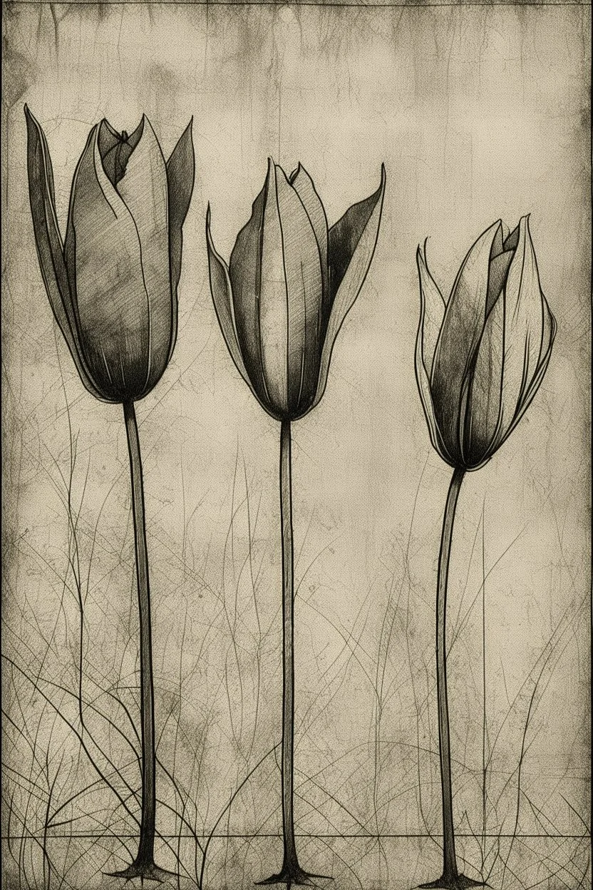 Minimalist rough abstract dusty Charcoal drawing of 3 tulips on a textured gesso background.