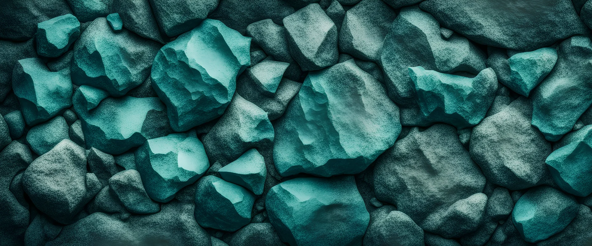 Green blue rock texture. Toned rough mountain surface texture. Crumbled. Close-up. Dark teal rocky background with space for design. Fantasy.