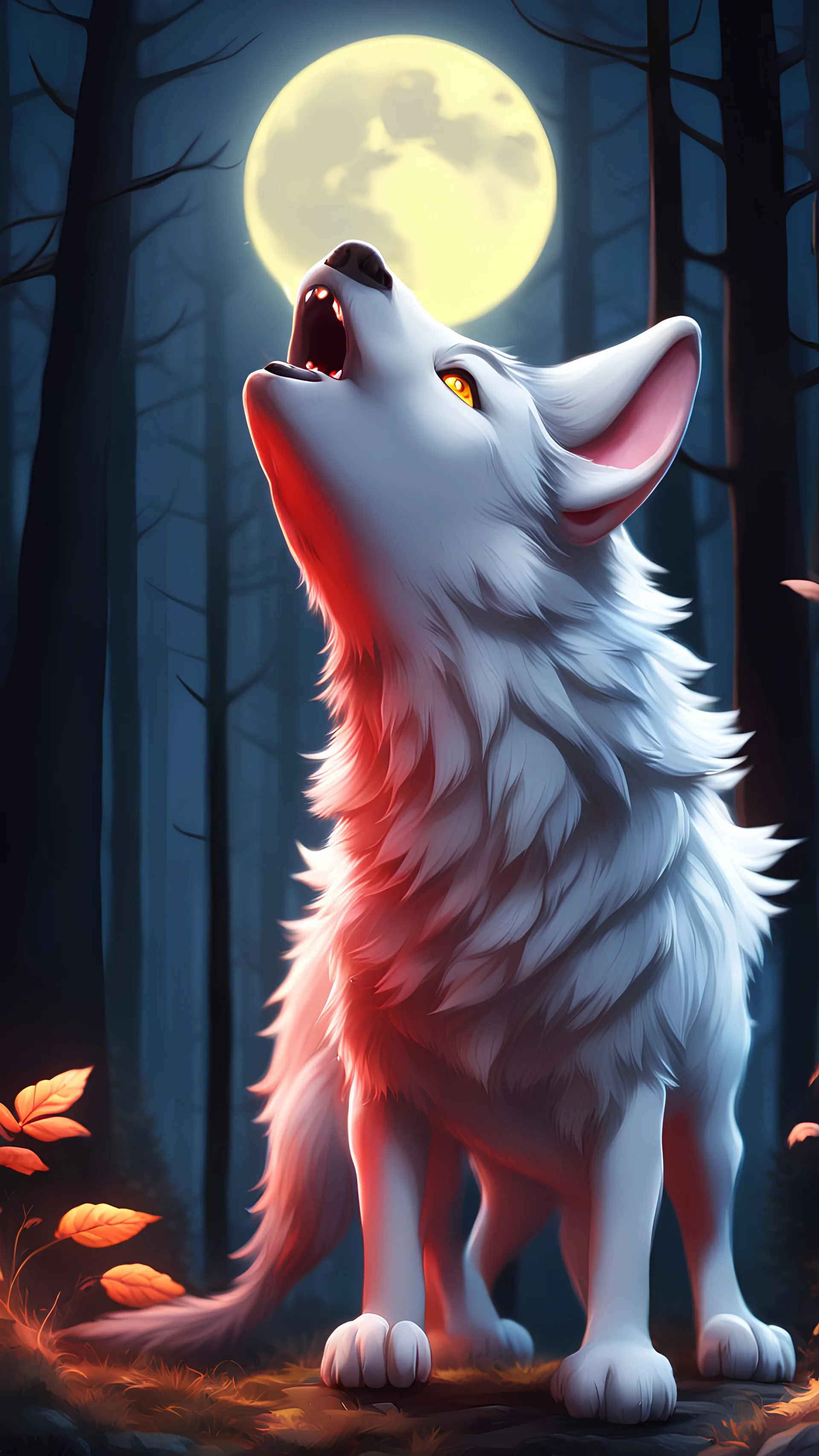 Kawaii, Cartoon, puppy Wolf, bully, All Body howling at the Moon, Horror lighting with red, yellow pink and blue colors, in the night forest, Caricature, Realism, Beautiful, Delicate Shades, Lights, Intricate, CGI, Botanical Art, Animal Art, Art Decoration, Realism, 4K , Detailed drawing, Depth of field, Digital painting, Computer graphics, Raw photo, HDR