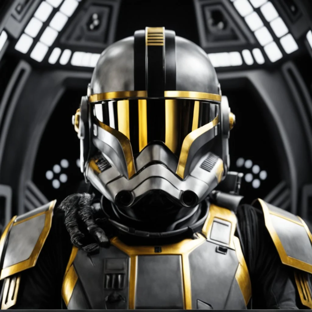 star wars bald male corellian pilot wearing gunmetal grey and black First Order special forces TIE pilot armored flightsuit and helmet with gold trim inside the jedi temple, centered head and shoulders portrait, hyperdetailed, dynamic lighting, hyperdetailed background, 8k resolution, volumetric lighting, light skin, fully symmetric details