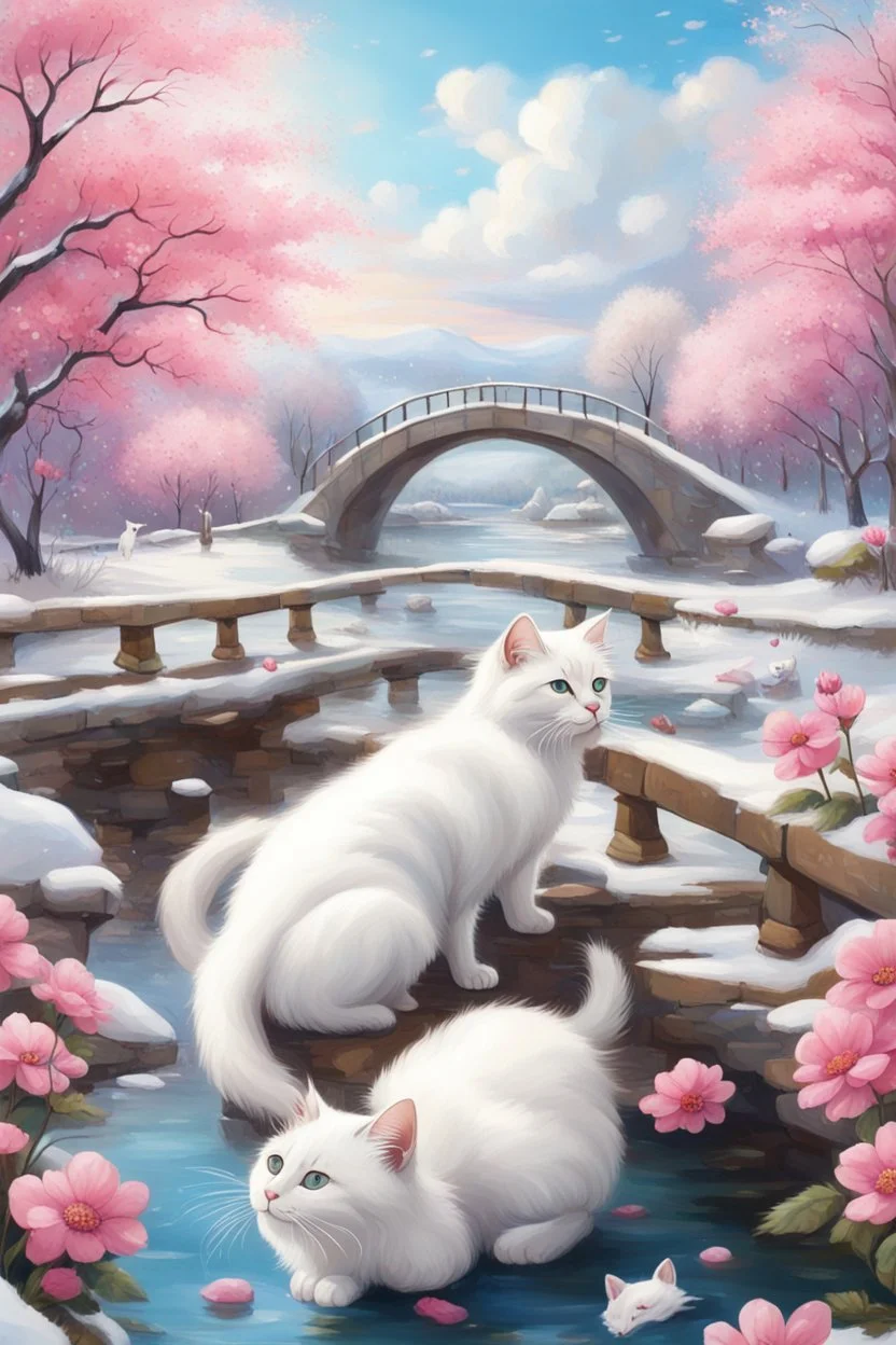 in the center: beautiful chunky white cats playing with mice on a bridge , background: landscape, first plan: pink flowers and a small river with blue water, sky: white clouds with more cats sitting on them, season: winter and snowfall