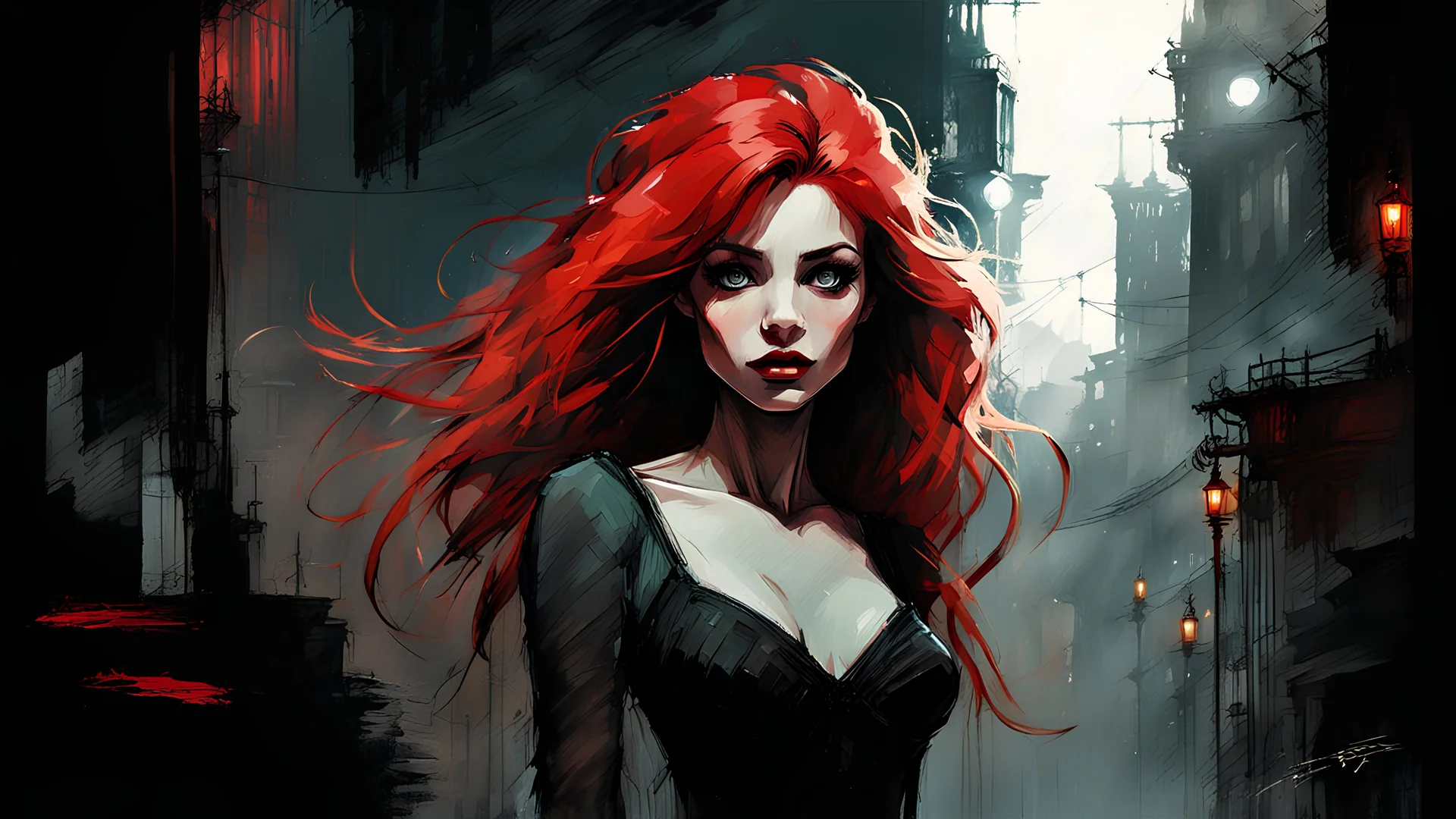 Graphic Novel Full Body Portrait Of Disney Ariel, Gorgeous Red Hair, Big Wide Set Eyes, Cute Nose, Big Pouty Lips, Unique Moody Face, slinky Black Dress dancing on stage under neon lights, Cinematic Detailed Mysterious Sharp Focus High Contrast Dramatic Volumetric Lighting,:: dark mysterious esoteric atmosphere :: digital matt painting by Jeremy Mann + Carne Griffiths + Leonid Afremov, black canvas, dramatic shading, detailed face