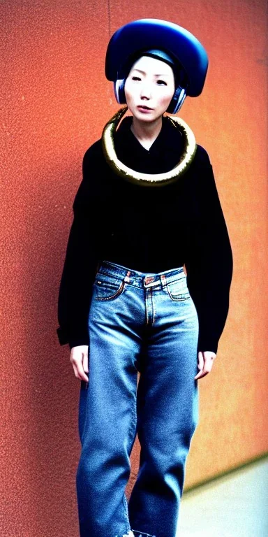 Lively fleshy Japanese woman black hair. thick thigh, thick calves. Style: Haute Couture, 1990's, late nineties, street style.Mantle is sewed of recycled Denim and sewed together of camouflage pieces.Big headphones, with gold rings, is merged with small felt cap with small visor. A bag is integrated to the mantle. Patterns are composed of orange, cream, blue, lilac and purple. blue latex somewhere. It is with big bright purple felt tippet and cream-colored-hood. mantle is merged with tippet.