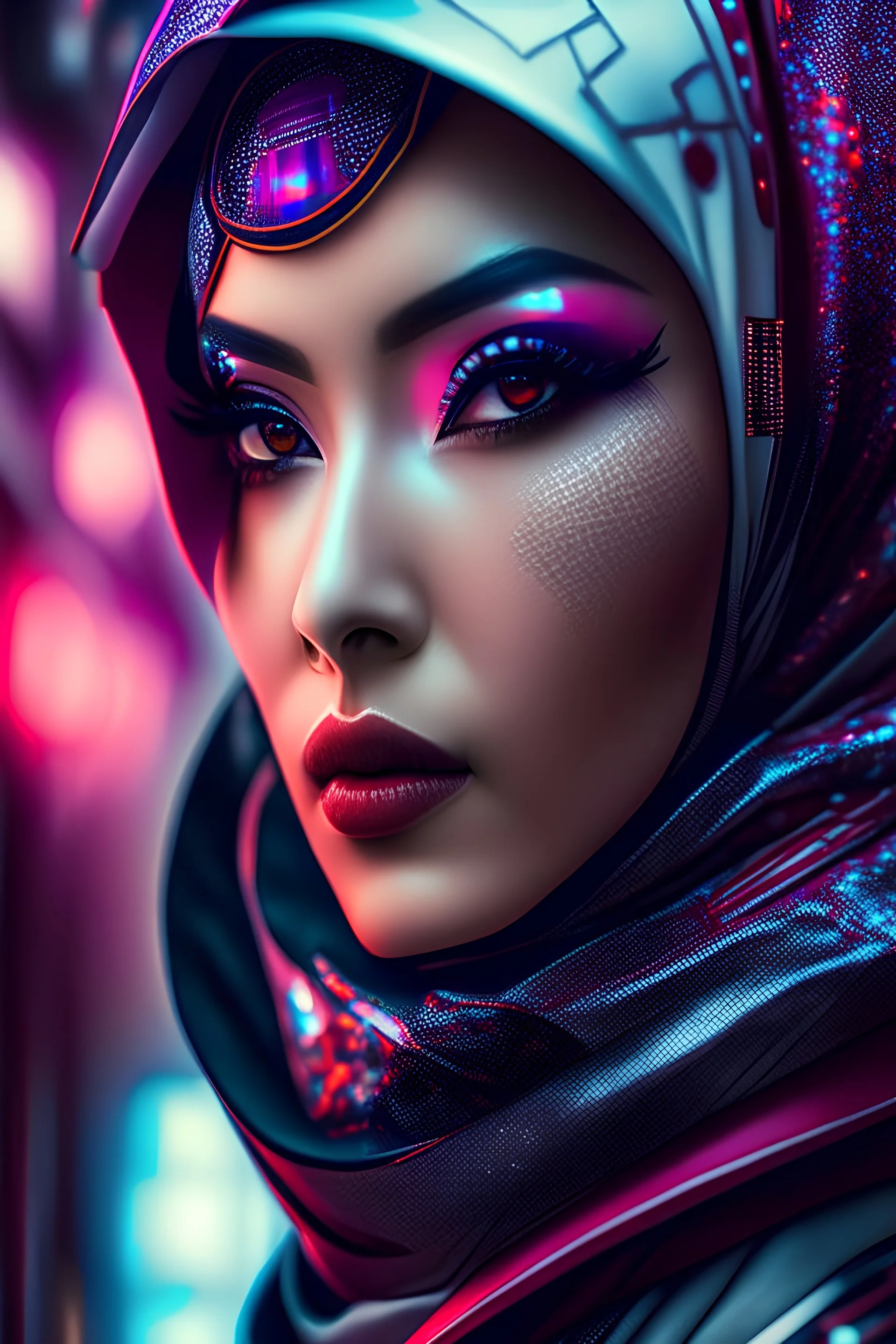 Ultra realistic photo beautiful cyberpunk geisha woman hijaber, futuristic style, HOF, captured with professional DSLR camera, 64k, ultra detailed, full body angle Raw.